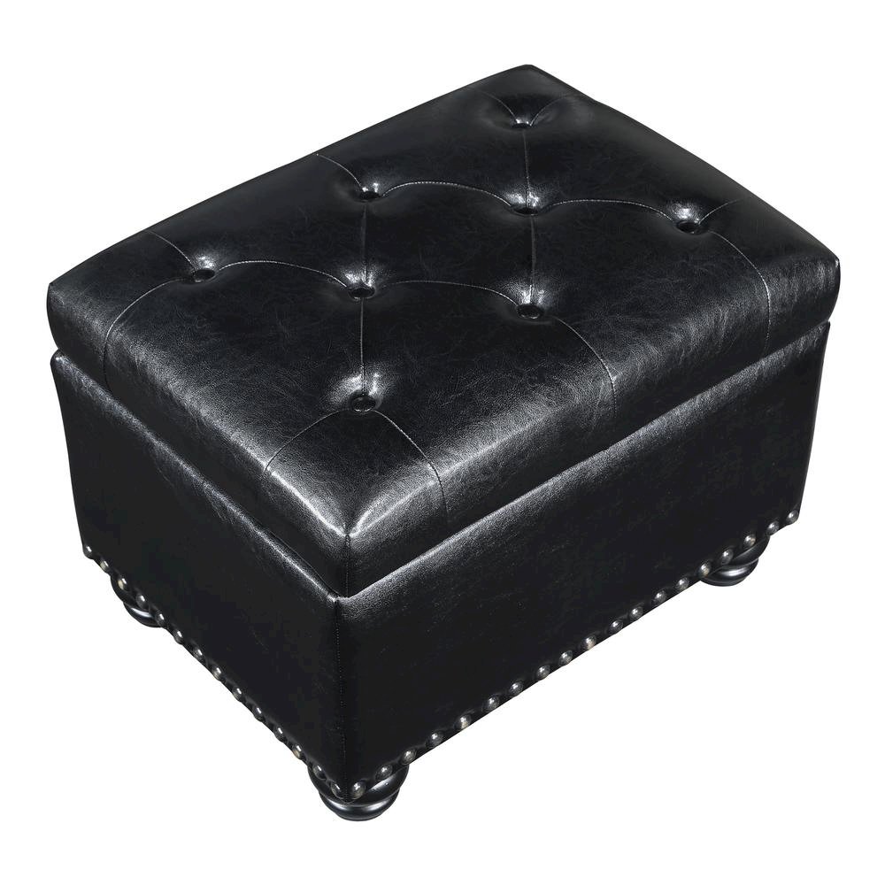 Storage Bench Ottoman Footrest in Black Faux Leather, Button Tufted. Picture 4