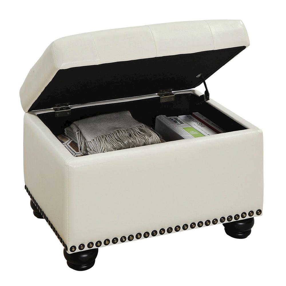 Storage Footrest Ottoman Chair, White Faux Leather, Pressure Hinge. Picture 4