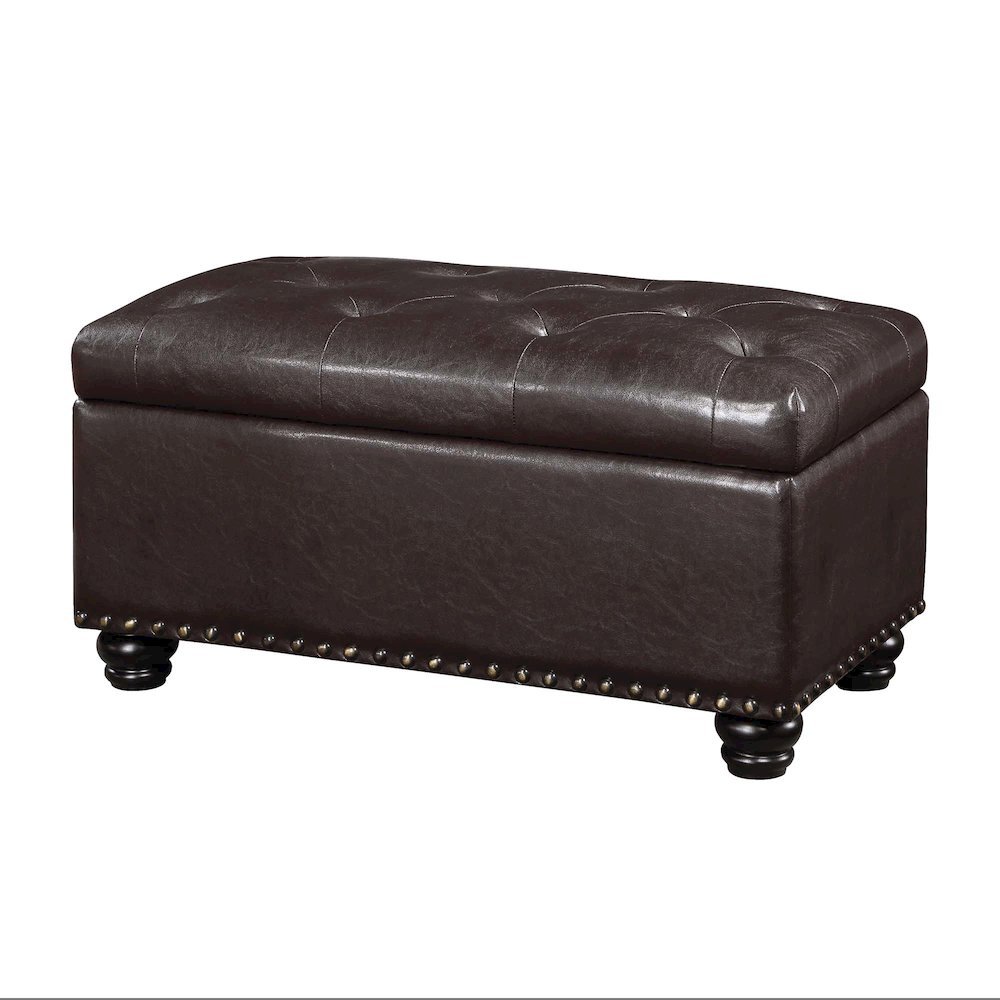 Storage Ottoman Bench Vegan Leather in Brown, Nailhead Accent, 35.5-inch. Picture 1
