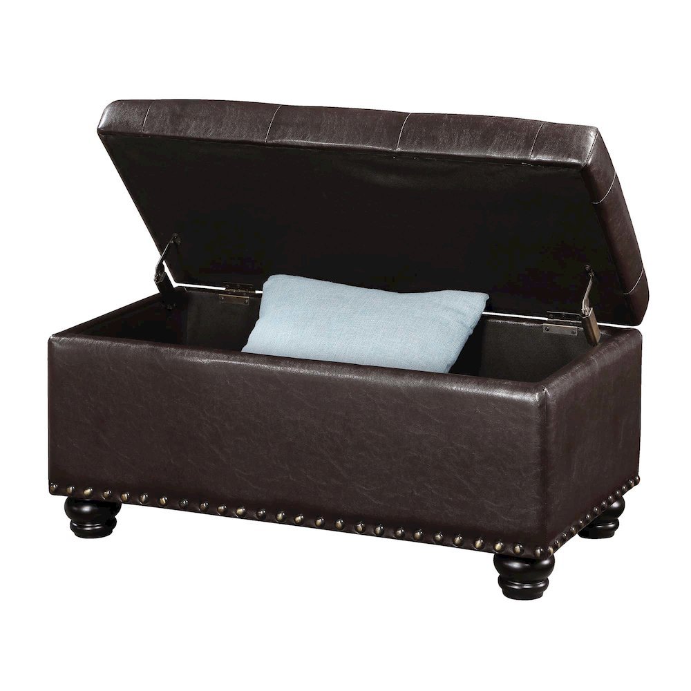 Storage Ottoman Bench Vegan Leather in Brown, Nailhead Accent, 35.5-inch. Picture 4