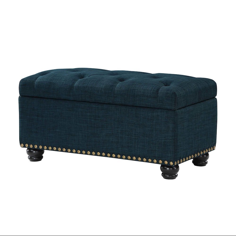Storage Bench Ottoman in Blue Fabric, Button Tufted, Sturdy Base, 35.5-inch. Picture 1