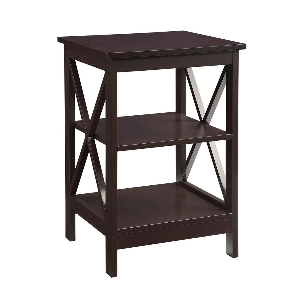 End Table, Espresso, 3 Tier Shelving, Square, Wood. Picture 1