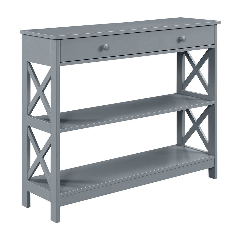 Console Table with 1 Drawer and 3 Tiers of Shelving, Gray Wood, 12-inch Depth. Picture 1