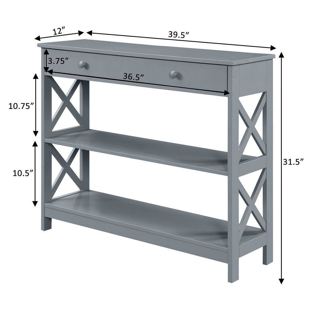 Console Table with 1 Drawer and 3 Tiers of Shelving, Gray Wood, 12-inch Depth. Picture 7