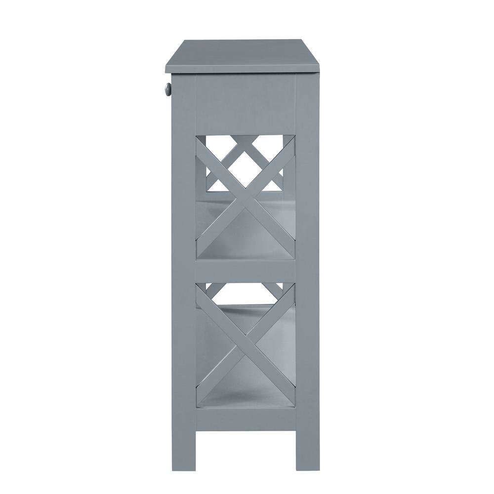 Console Table with 1 Drawer and 3 Tiers of Shelving, Gray Wood, 12-inch Depth. Picture 6