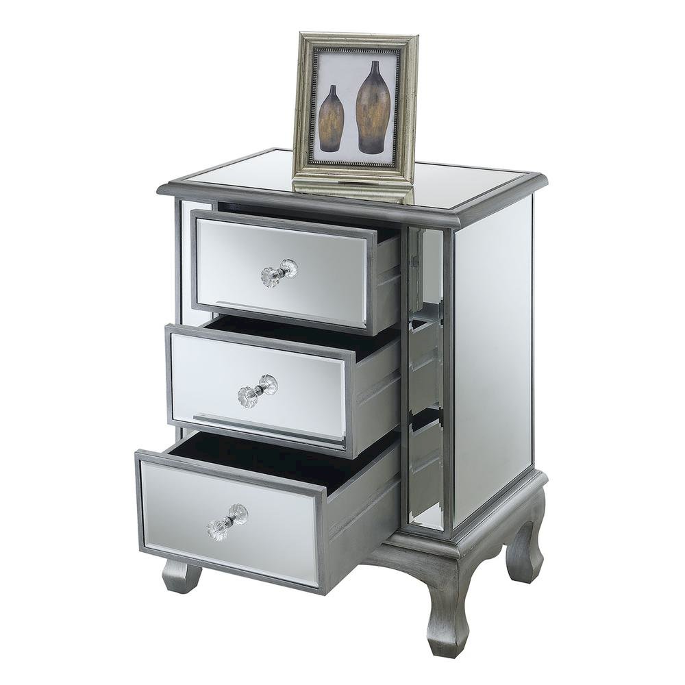 3-Drawer End Table with Mirror Finish, Glam Style, Silver, Quick Easy Assembly. Picture 4