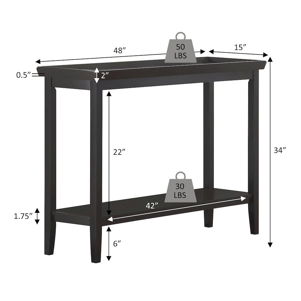 Hall Console Table with Raised Ledge Top, Solid Legs, Black Finish, 48-inch Wide. Picture 5