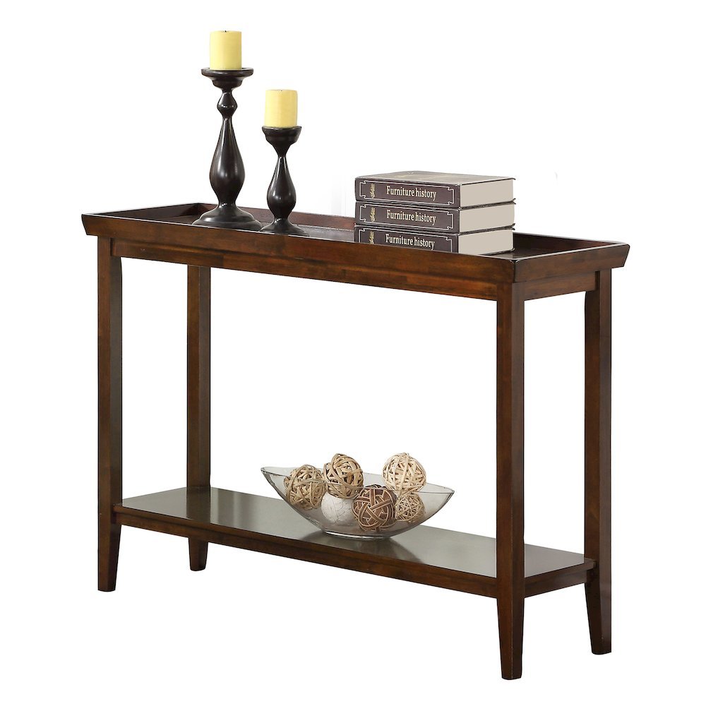 Hall Console Table with Raised Ledge Top, Solid Legs, Brown Finish, 48-inch Wide. Picture 4