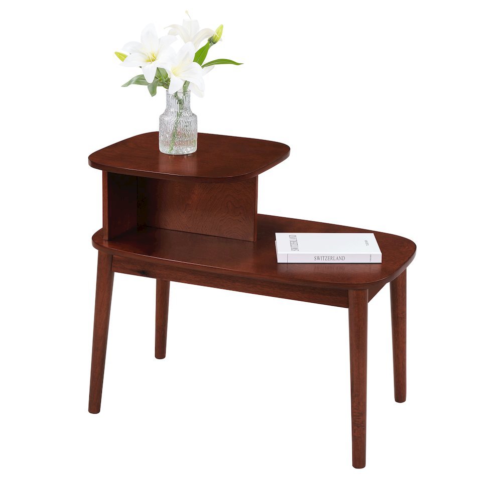 Mid-Century End Table 2 Tier Shelving, Red Wood Finish, Spacious Design, 28". Picture 4
