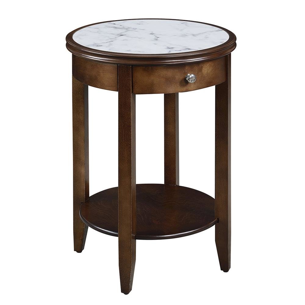 Faux Marble End Table, White, Drawer, Shelf, Espresso Wood. Picture 1