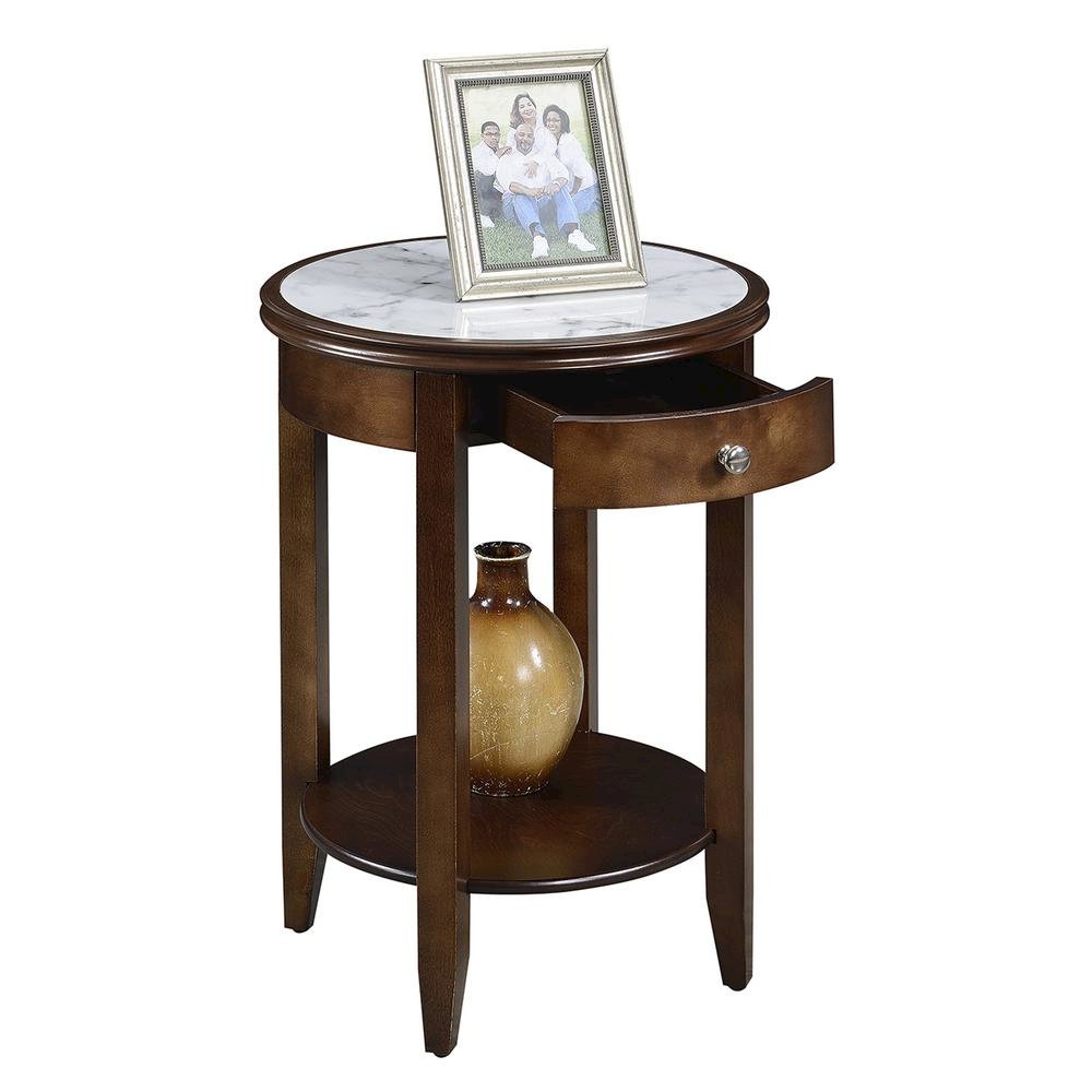 Faux Marble End Table, White, Drawer, Shelf, Espresso Wood. Picture 4