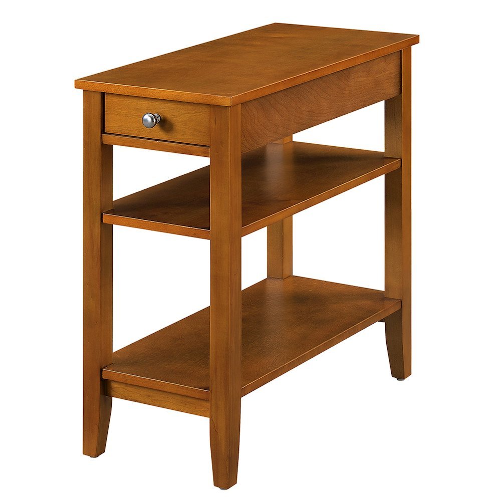 Small Accent Table with Drawer, 3 Shelving Levels, Brown Finish, Nickel Knob. Picture 1