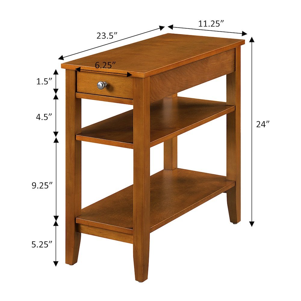 Small Accent Table with Drawer, 3 Shelving Levels, Brown Finish, Nickel Knob. Picture 5