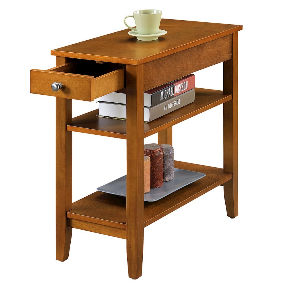 Small Accent Table with Drawer, 3 Shelving Levels, Brown Finish, Nickel Knob. Picture 4