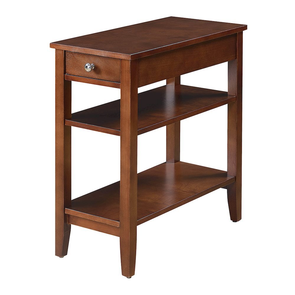 Chairside End Table with 3 Shelving Tiers, Red Wood, Drawer for Concealed Items. Picture 1