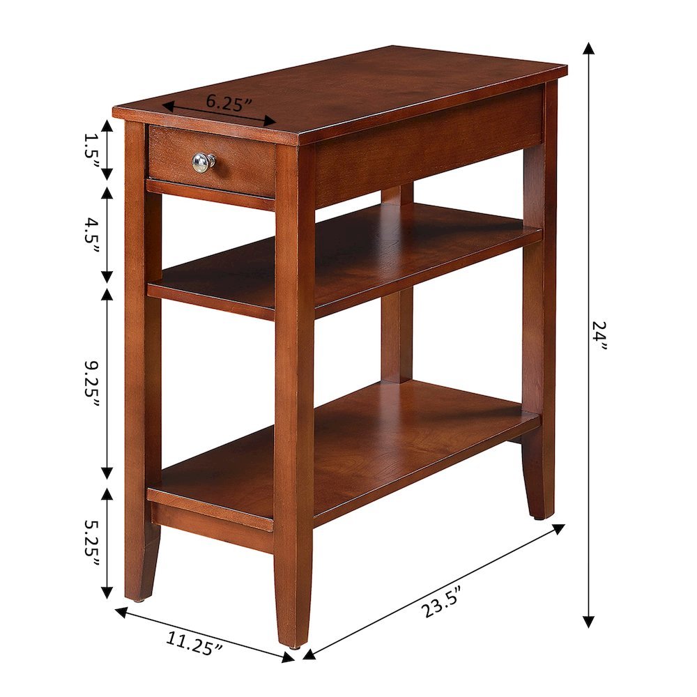 Chairside End Table with 3 Shelving Tiers, Red Wood, Drawer for Concealed Items. Picture 5