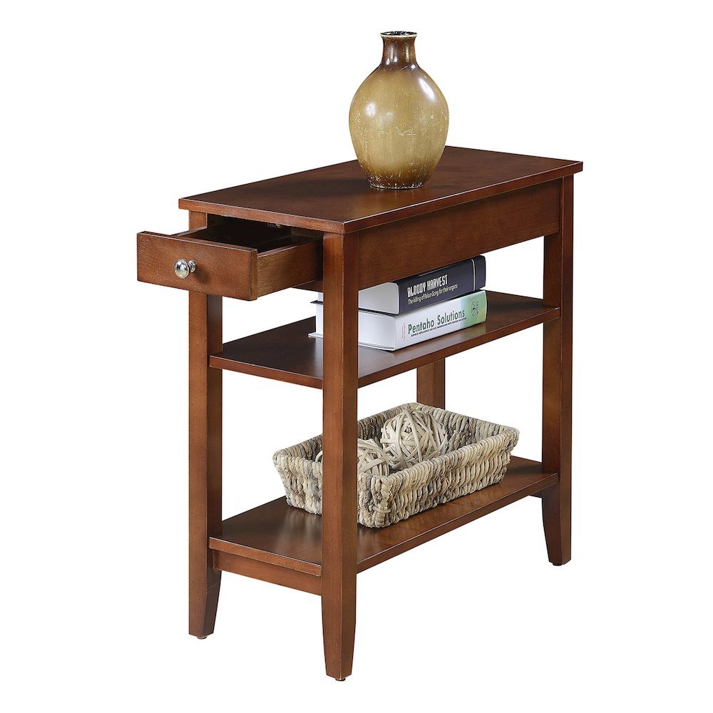 Chairside End Table with 3 Shelving Tiers, Red Wood, Drawer for Concealed Items. Picture 4