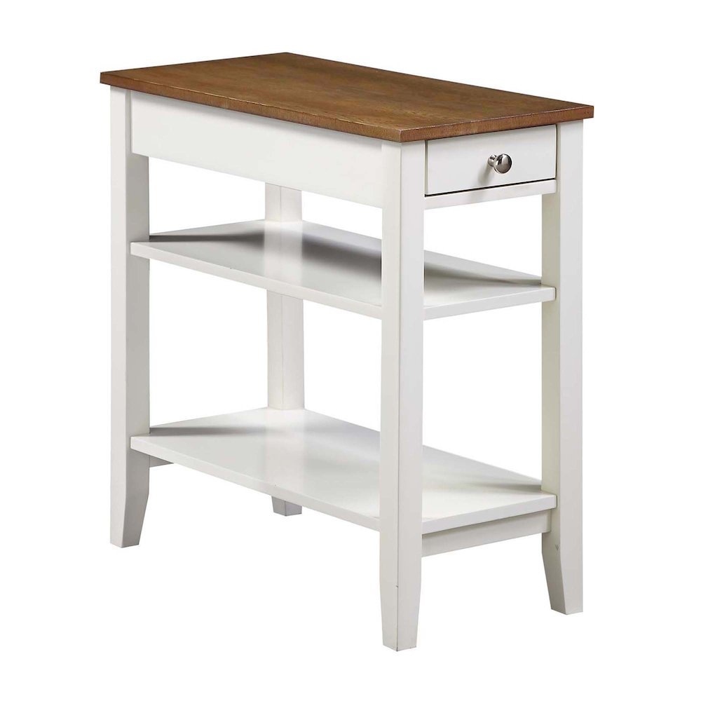 Chairside End Table, Brown, Drawer, Three Tier Shelf, Narrow. Picture 1