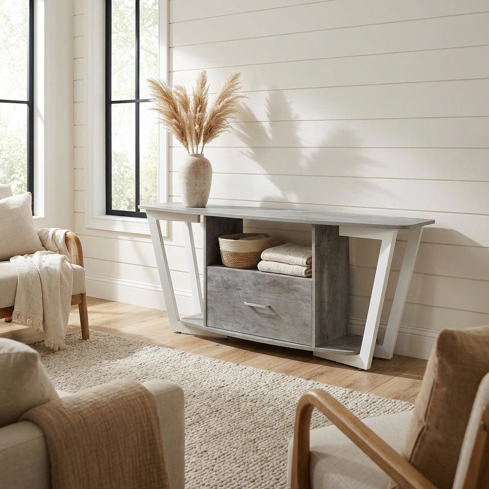 White powder-coated metal TV stand with shelves for 65-inch TVs. Picture 3