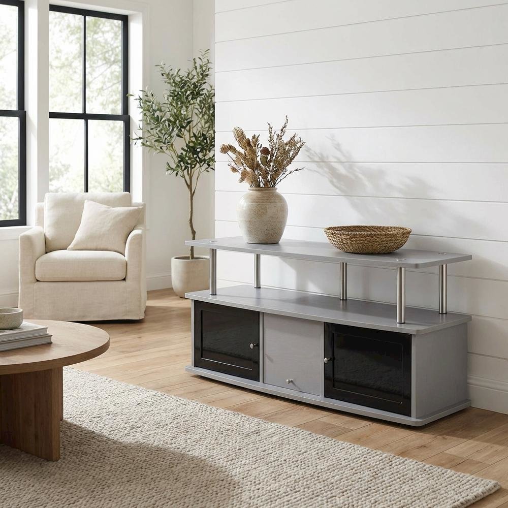 Gray TV Stand with 3 Cabinets and Shelf for 55-Inch TVs. Picture 2