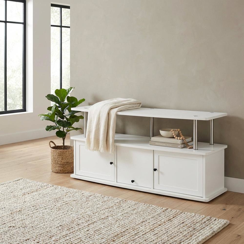 White TV Stand with 3 Storage Cabinets and Shelf for Up to 55-Inch TVs. Picture 3