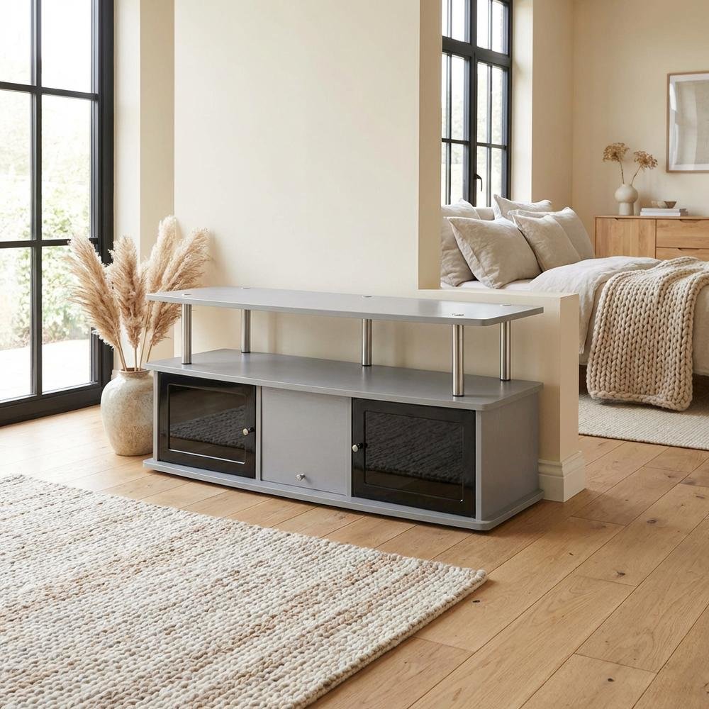 Gray TV Stand with 3 Cabinets and Shelf for 55-Inch TVs. Picture 3