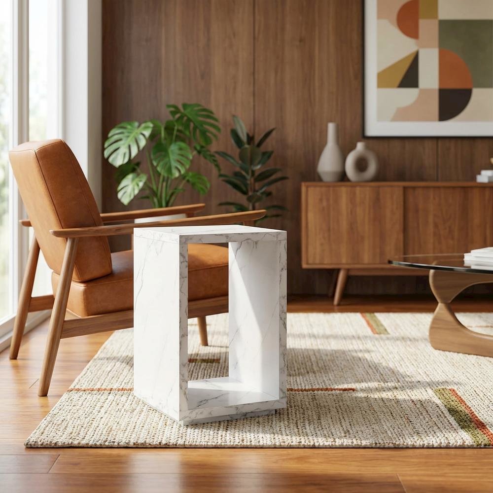 White Faux Marble End Table with Shelf for Living Room Use. Picture 3