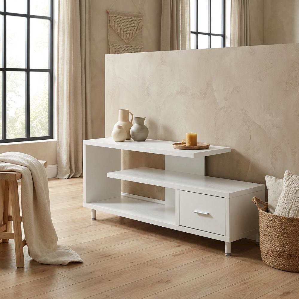 White 1-Drawer TV Stand with Shelves for TVs Up to 65 Inches, Contemporary Style. Picture 3