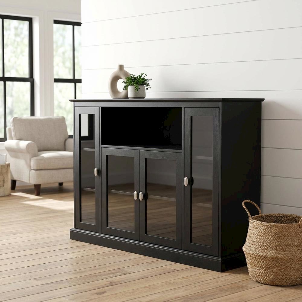 Black Highboy TV Stand with Storage Cabinets and Shelves for 55-Inch TVs. Picture 2