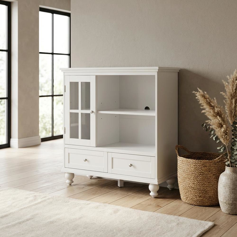 White Solid Wood Pine TV Stand with Ash Veneer and Tempered Glass accents. Picture 3