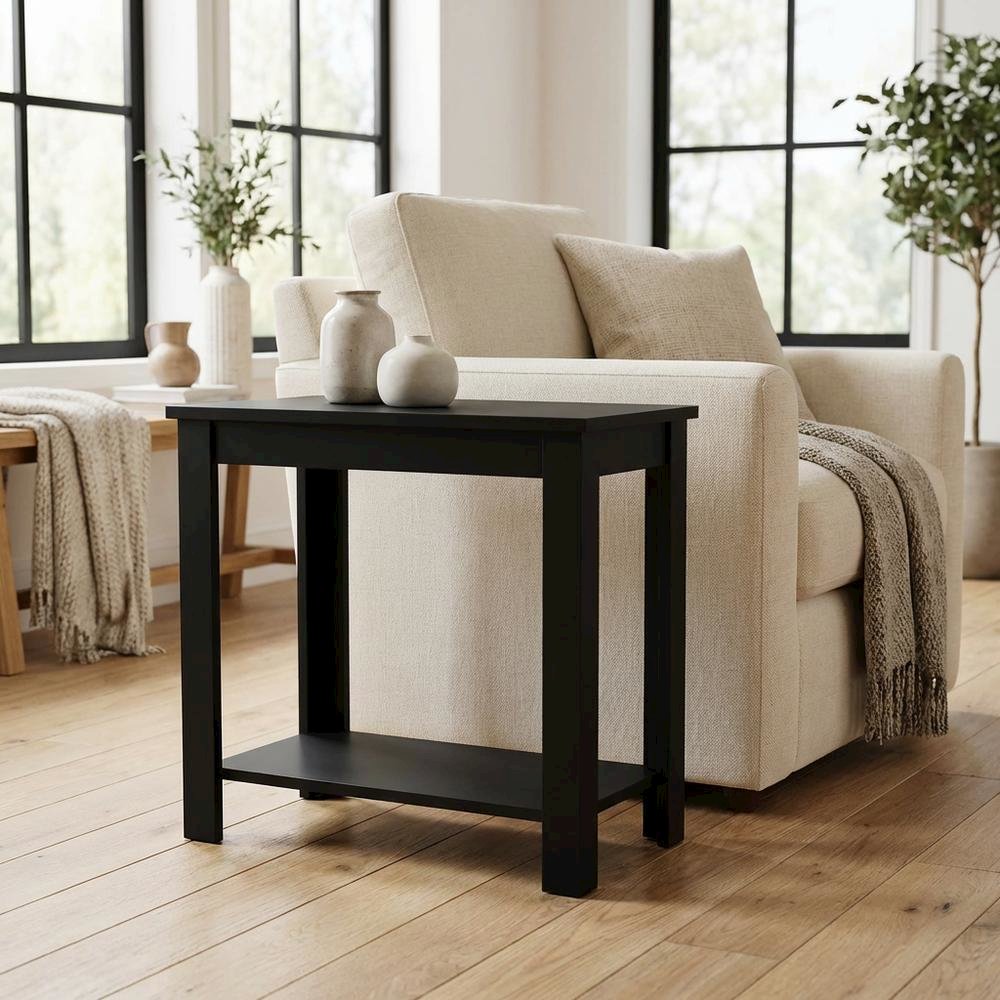 Slim Chairside Table, Black, Bottom Shelf, Quick Setup. Picture 3