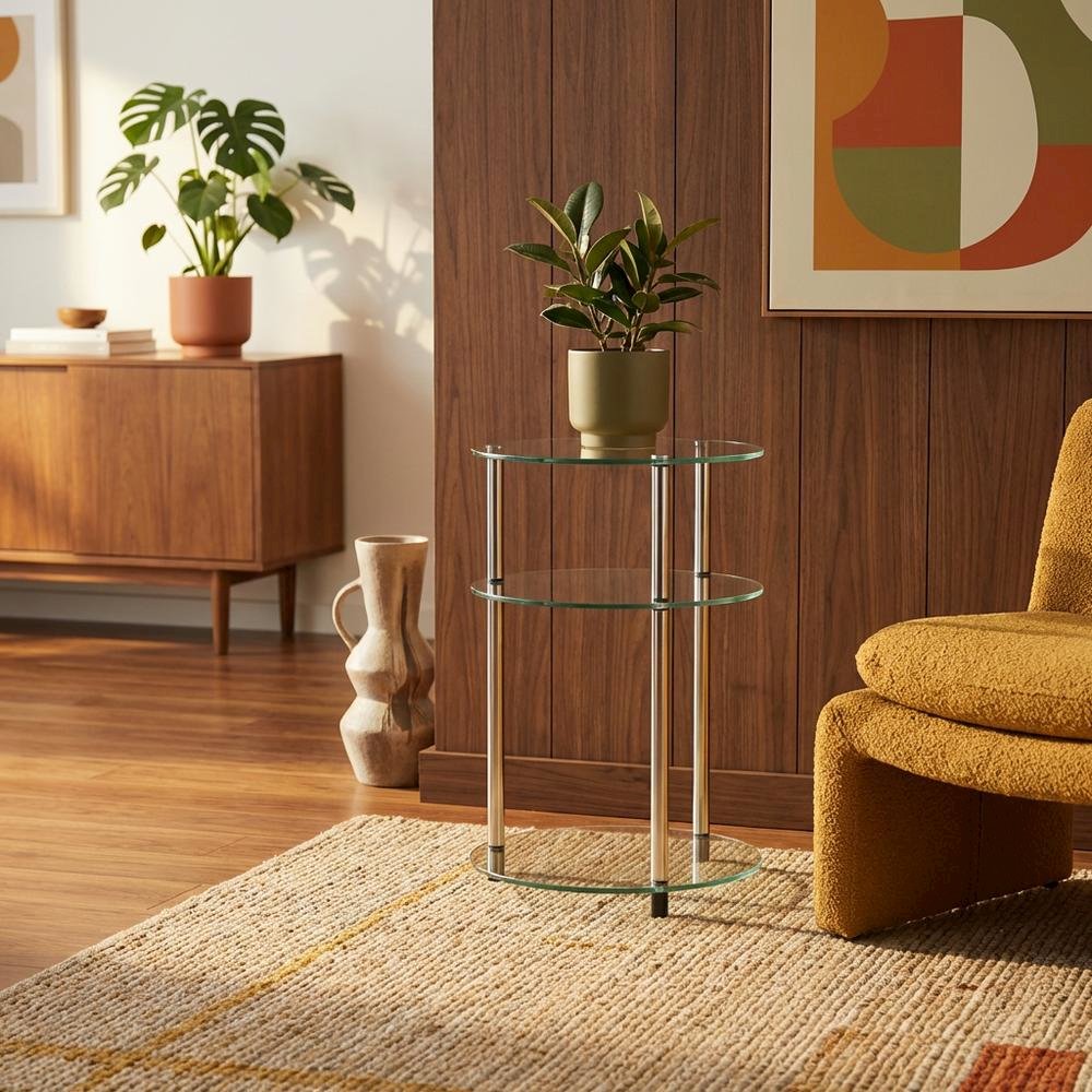 Round Glass Accent Table with 3 Tiers for Living Room and Lounge Spaces. Picture 3