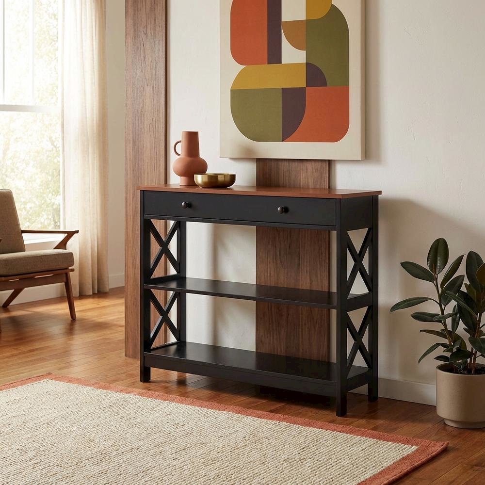 Wooden 1-Drawer Console Table with Shelves and Modern Design. Picture 3