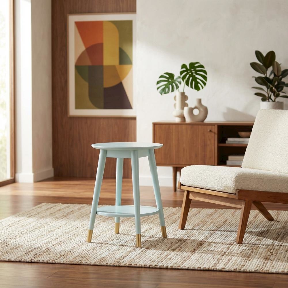 Mid Century Round End Table with Bottom Shelf for Living Room Space. Picture 2