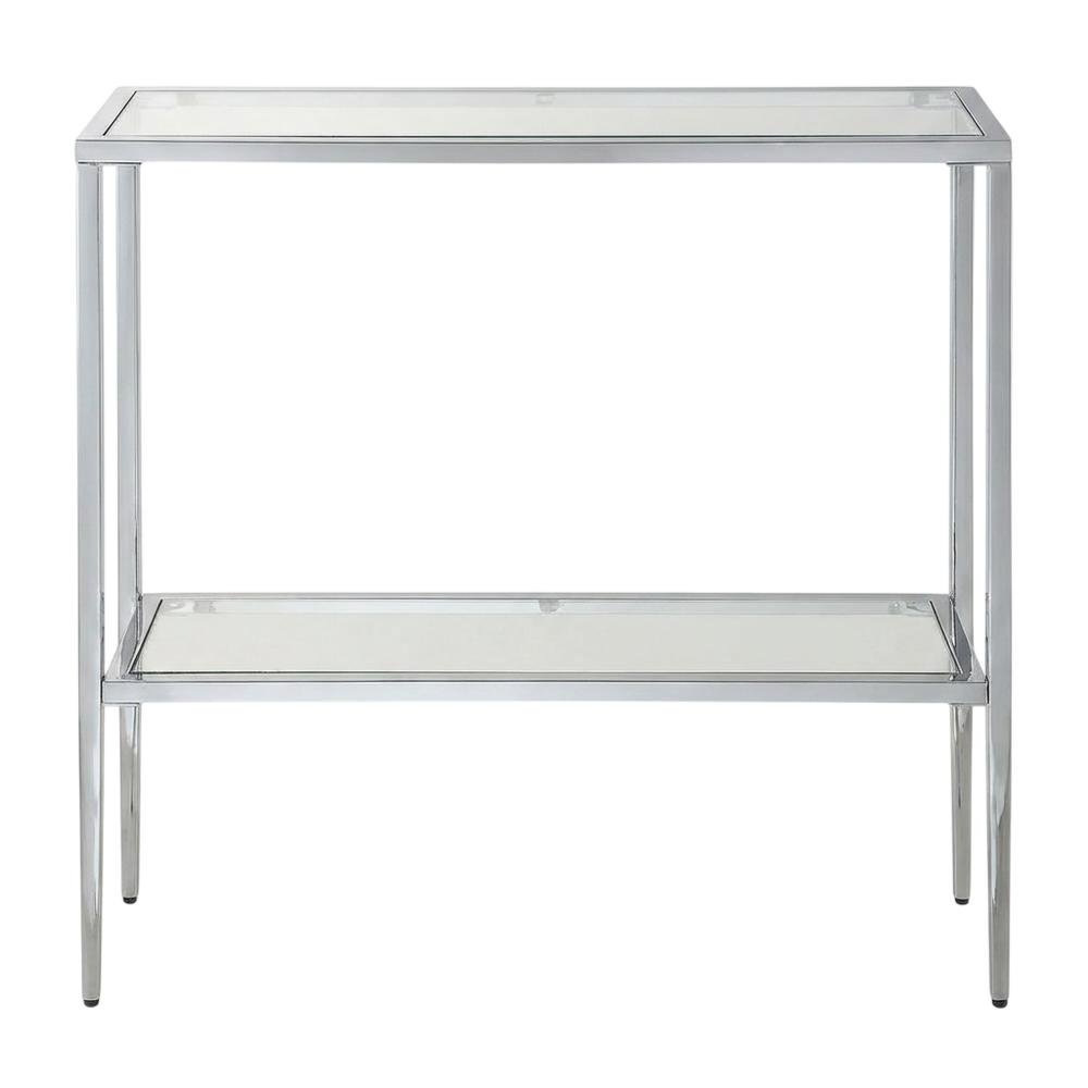 Gray Glass Chrome Hall Table with Lower Shelf, Slim Metal Frame, Modern. Picture 4