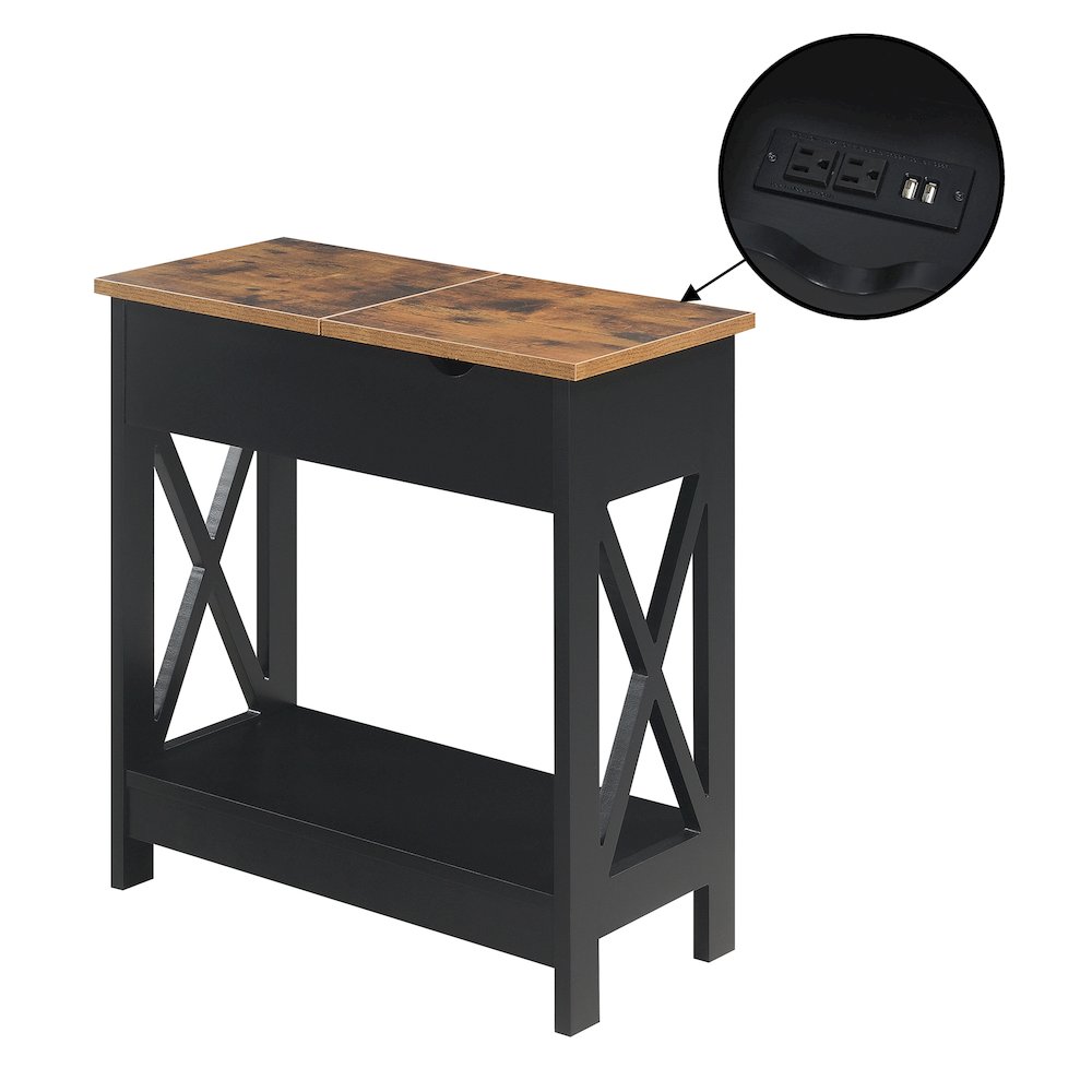 Oxford Flip Top End Table with Charging Station and Shelf, Brown. Picture 1