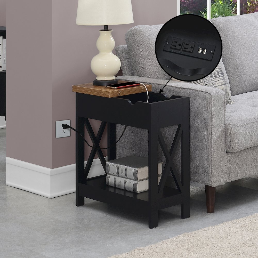 Oxford Flip Top End Table with Charging Station and Shelf, Brown. Picture 8