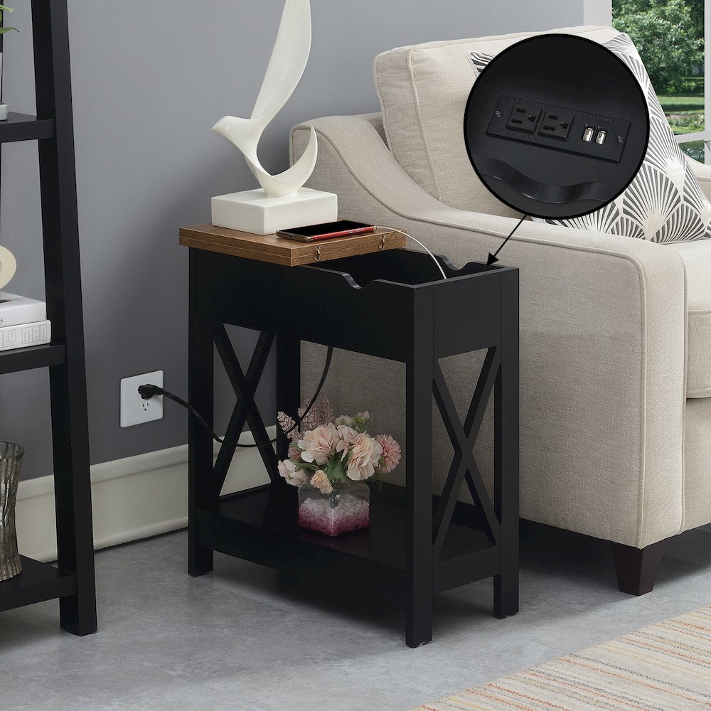 Oxford Flip Top End Table with Charging Station and Shelf, Brown. Picture 10