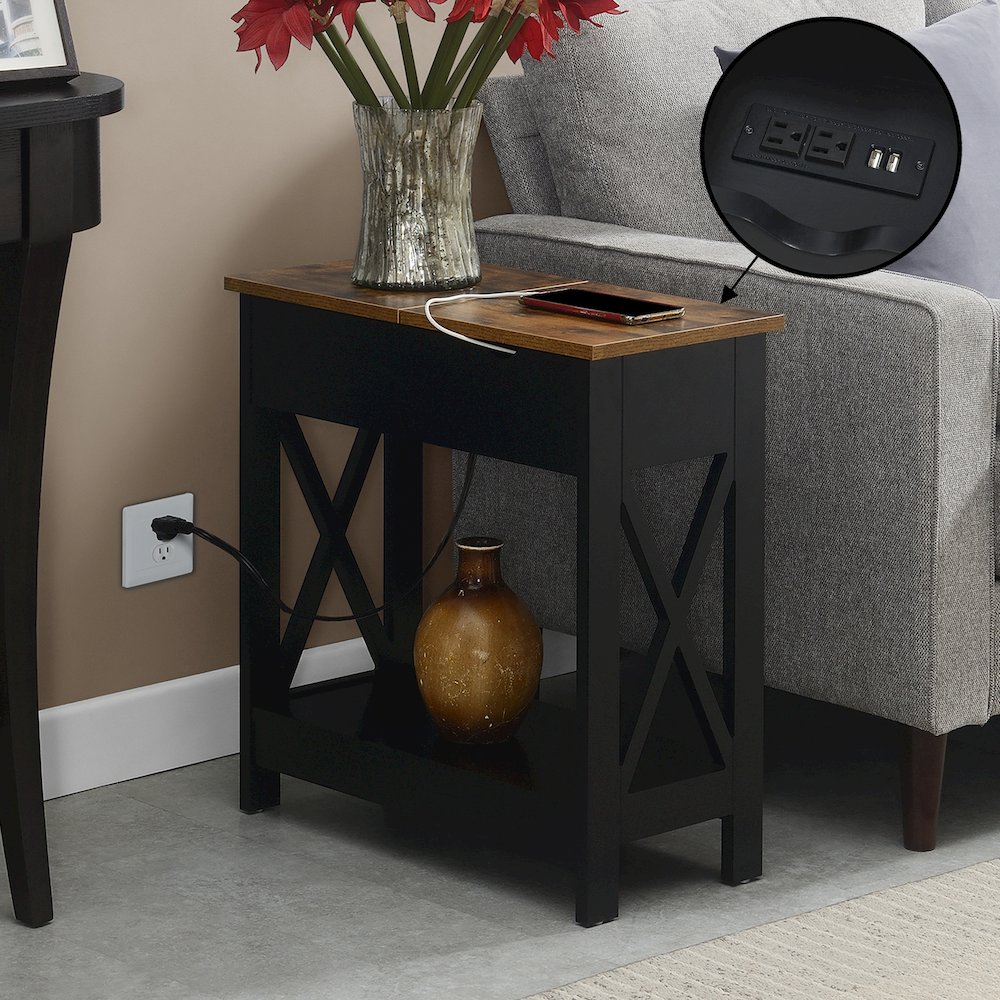 Oxford Flip Top End Table with Charging Station and Shelf, Brown. Picture 2