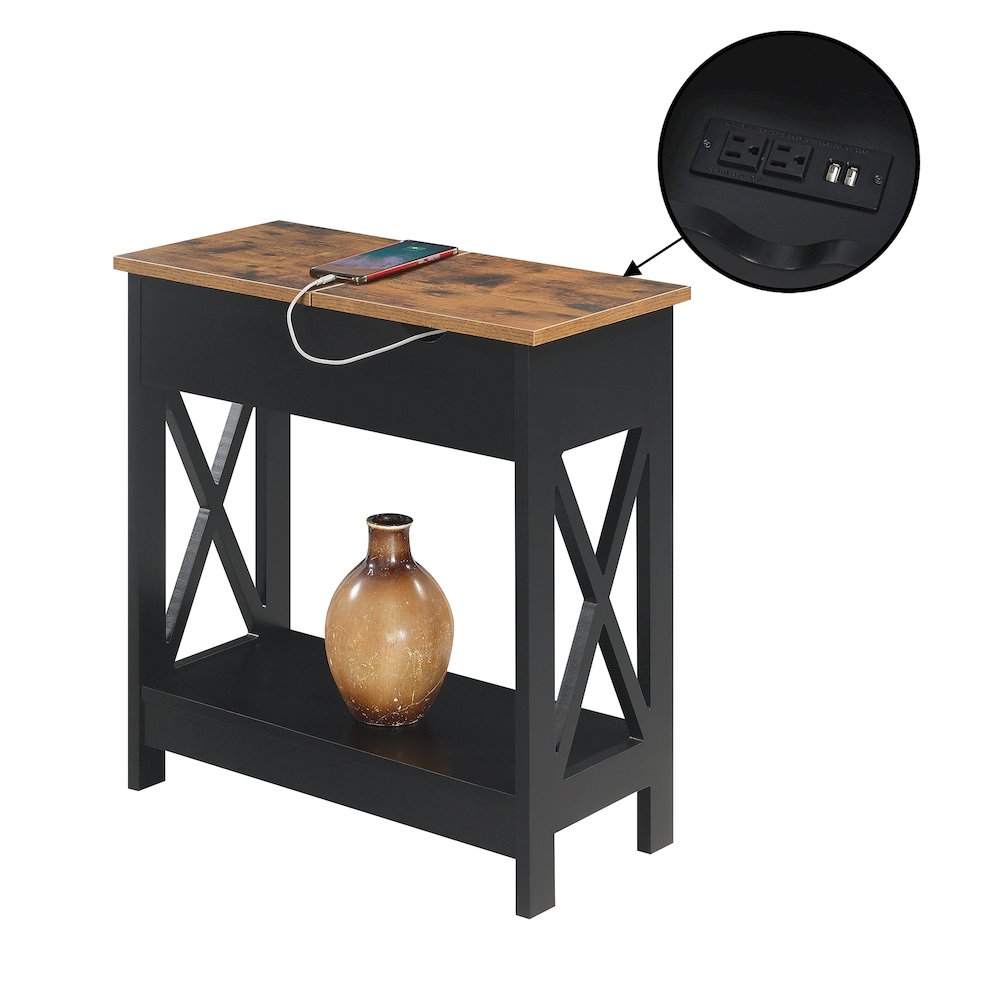 Oxford Flip Top End Table with Charging Station and Shelf, Brown. Picture 3