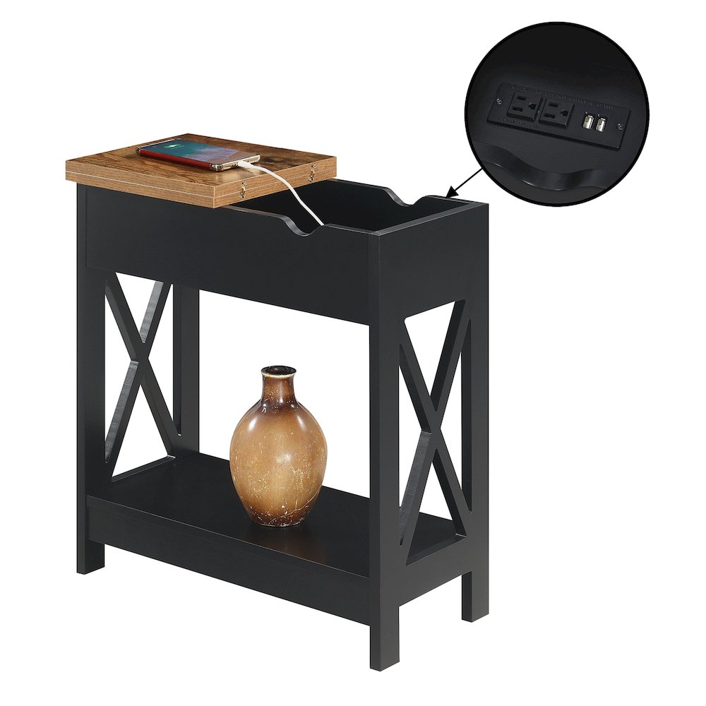Oxford Flip Top End Table with Charging Station and Shelf, Brown. Picture 5