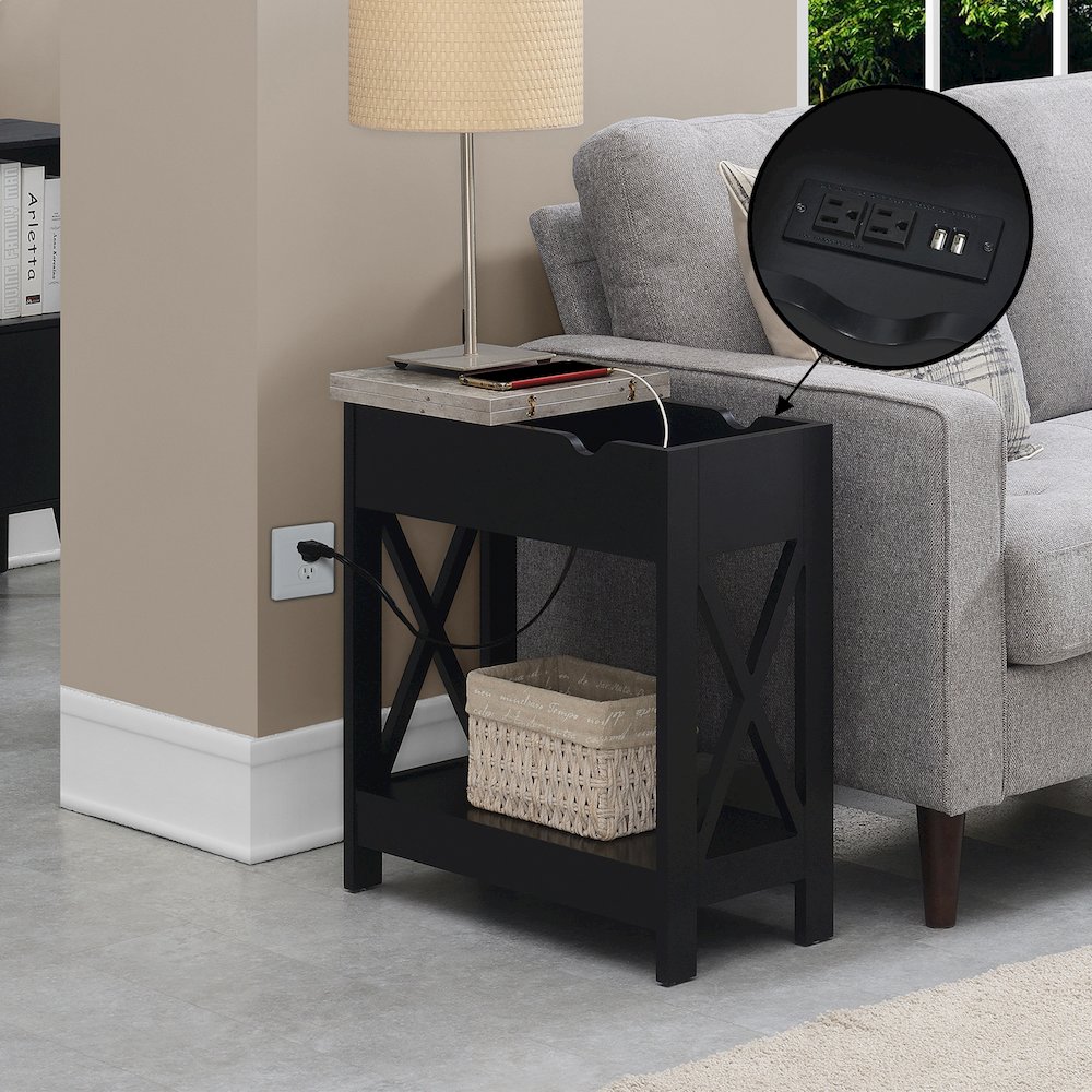 Oxford Flip Top End Table with Charging Station and Shelf, Gray. Picture 10