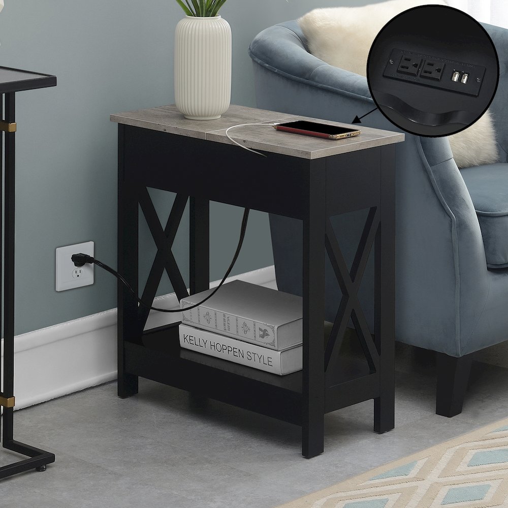 Oxford Flip Top End Table with Charging Station and Shelf, Gray. Picture 2