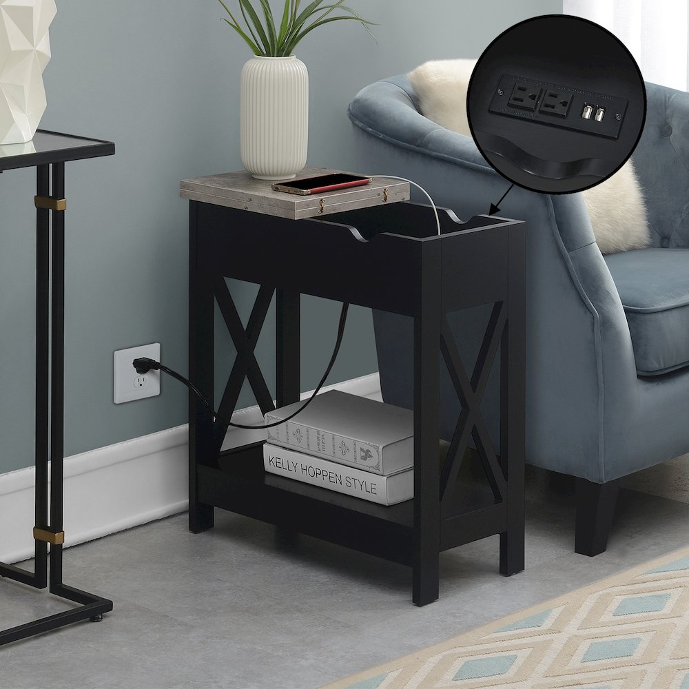 Oxford Flip Top End Table with Charging Station and Shelf, Gray. Picture 11