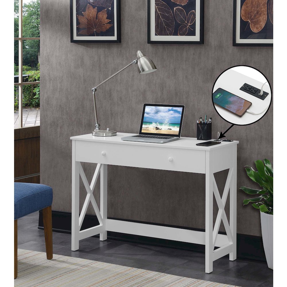 Oxford 42 inch Desk with Charging Station White. Picture 2
