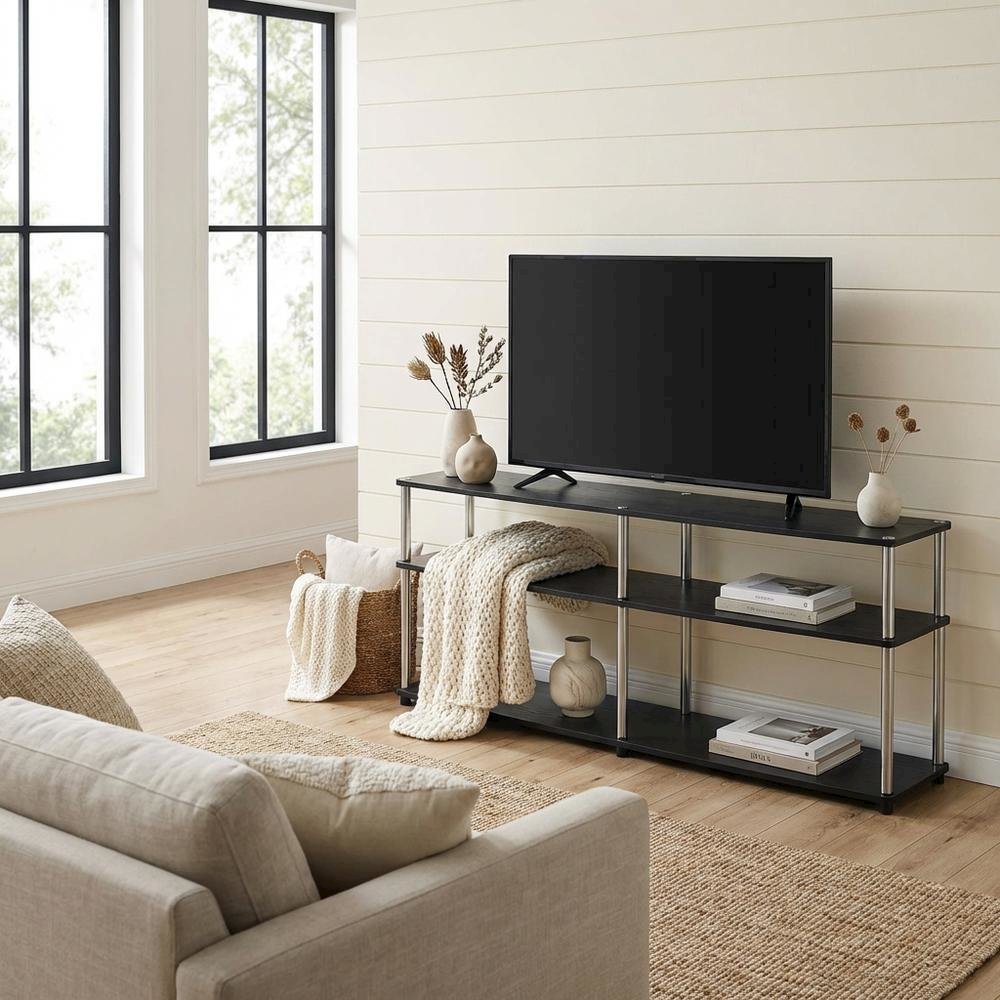 Black 3-Tier TV Stand with Particle Board and Metal Support. Picture 3