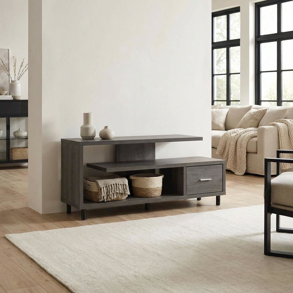 Gray TV stand with 1 drawer and shelves for 65-inch TVs, modern style. Picture 3
