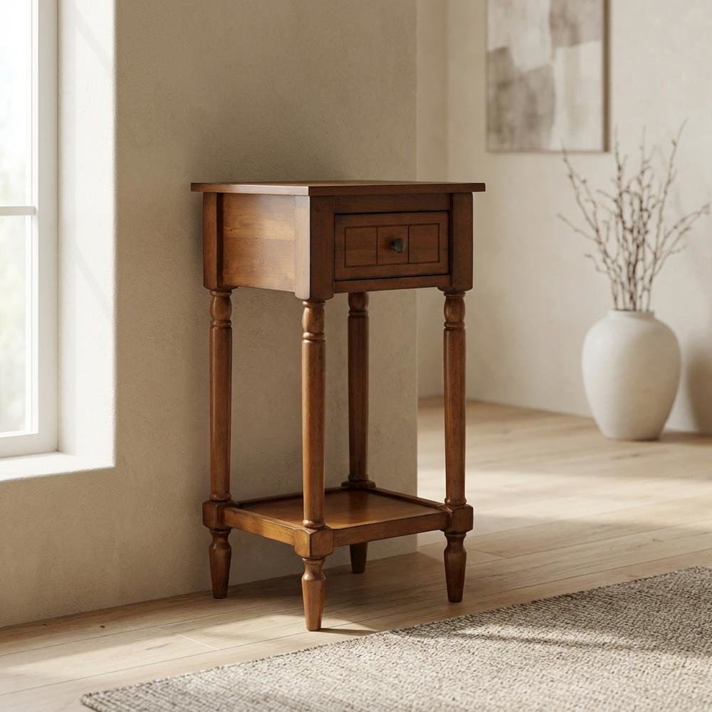 Traditional-style accent table with open shelf and compact design. Picture 2