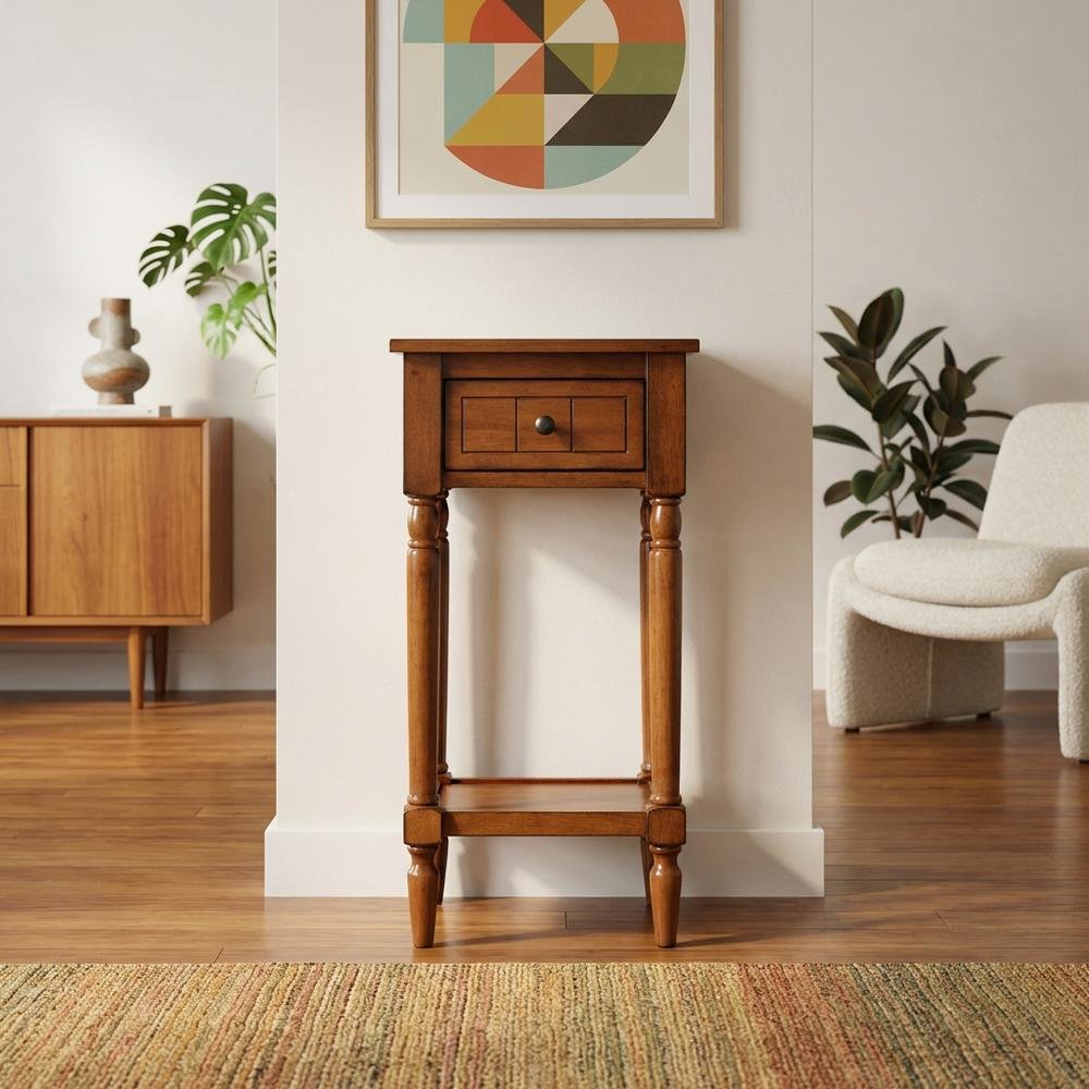 Traditional-style accent table with open shelf and compact design. Picture 3