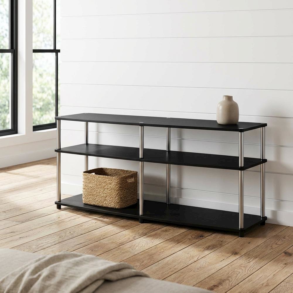 Espresso 3-Tier TV Stand, Particle Board, Steel Poles, 65-Inch Displays. Picture 2